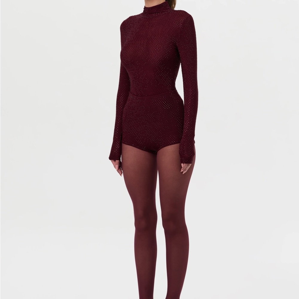 Naked Wardrobe Burgundy CRYSTAL HIGH WAISTED SHORTS - Picture 3 of 9
